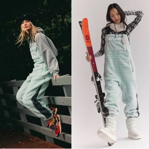 FREE PEOPLE Hit The Slopes Overalls Salopette Bibs Size S Mint Geo Fleece NEW - Picture 1 of 8